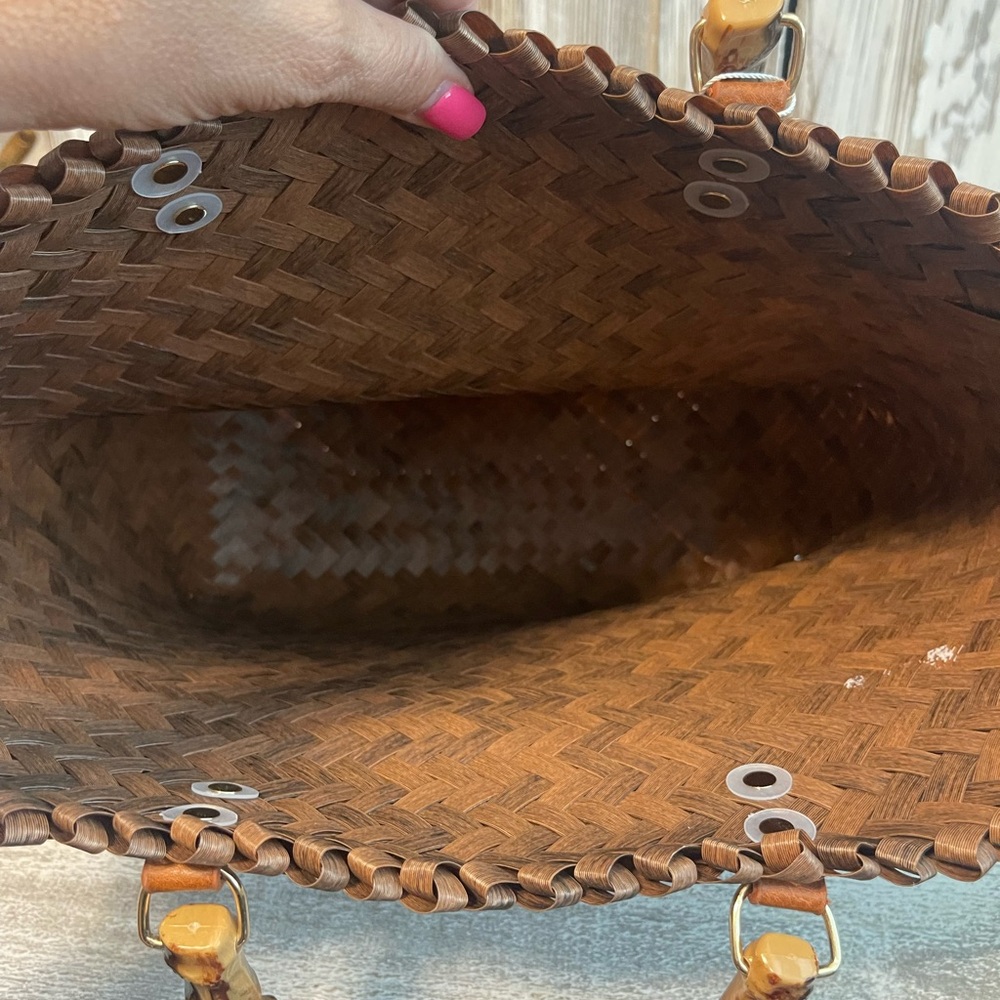 Tommy Bahama NWT Large Woven Tote Bag Brown Bamboo Handle Beach Resort Purse - Picture 10 of 12